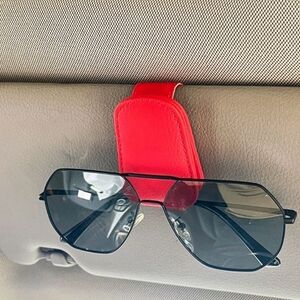 Red Magnetic Leather Sunglasses Holder Visor Clip For Car